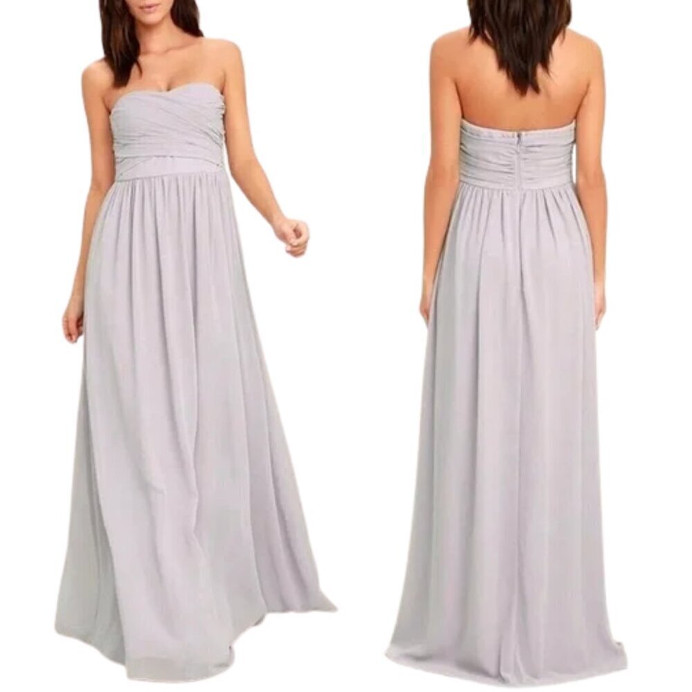 NEW Lulu’s Moonlight Serenade Gray Strapless Maxi Dress with Slit